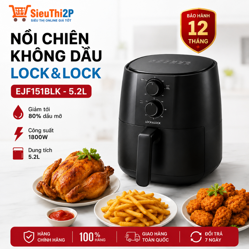 Nồi chiên không dầu Lock&lock Jumbo EJF151BLK dung tích 5,2 Lít