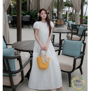 Váy đi dự tiệc, đầm dự tiệc thô cổ tròn tay bồng ngắn dáng suông xòe dàithiết kế tiểu thư sang chảnh đi biển du lịc LONA