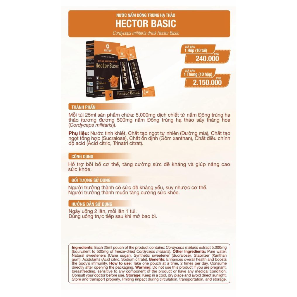 Thực phẩm bảo vệ sức khỏe Nước nấm đông trùng hạ thảo Hector Basic (10 túi)