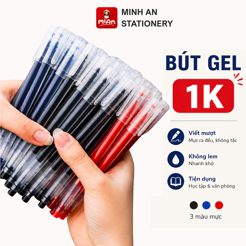 Combo 50 Bút gel đen xanh đỏ ngòi 0.5mm, bút bi nước viết trơn mực đều, mực khô nhanh - Bút mực gel 
