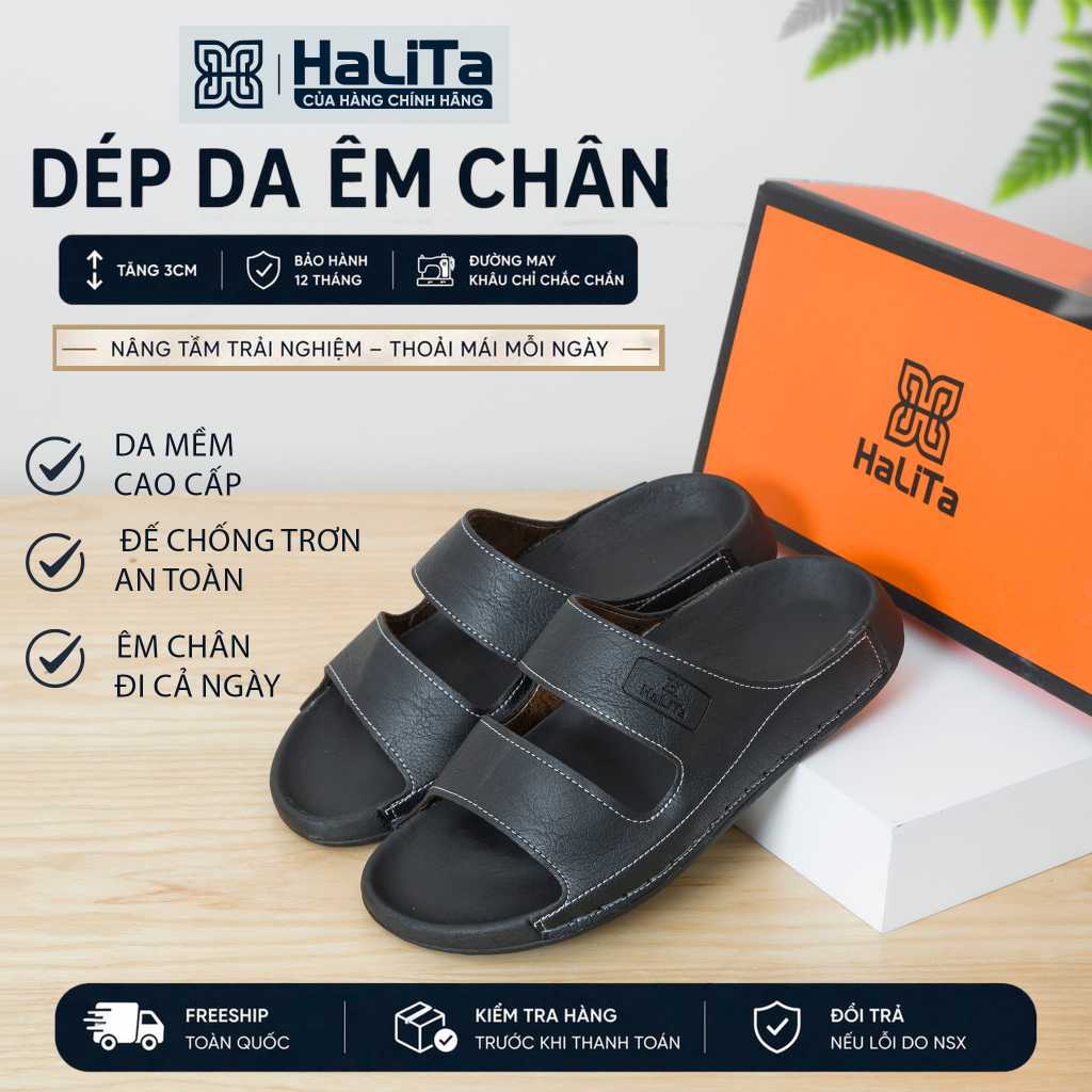 Dép Công Thái Học HaLiTa Da Bò Cao Cấp, Quai Ngang Hiện Đại, Chống Trượt Tốt