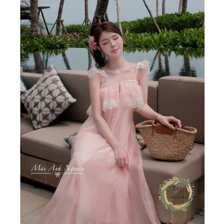 Đầm đi dự tiệc, váy ren dự tiệc 2 dây ngực viền ren form suông xòe dài thiết kế tiểu thư đi biển du lịch LEVAN Rose NEP