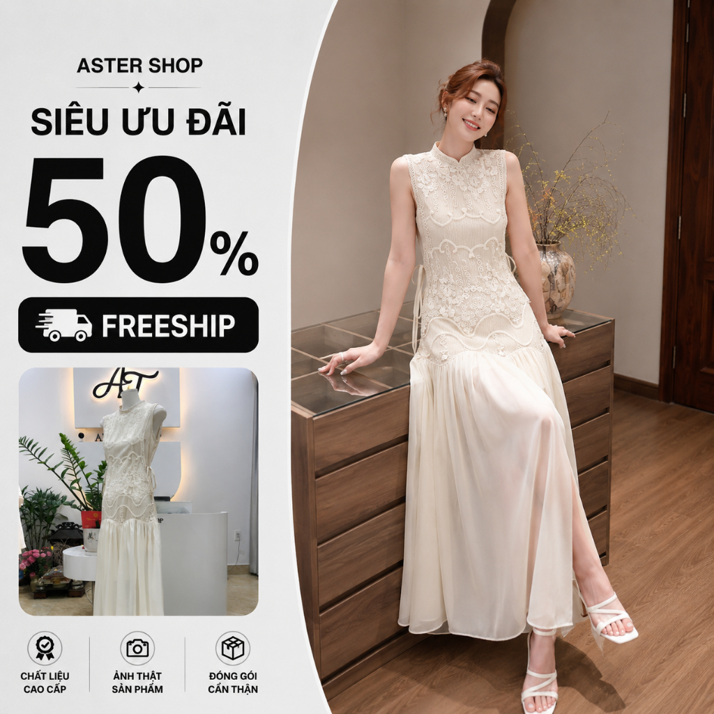 BAGEO Váy ren maxi cổ tròn dây điều chỉnh eo chân váy tơ ĐẦM DÀI REN HOA NỮ TÍNH BAGEO - ĐI DU LỊCH,