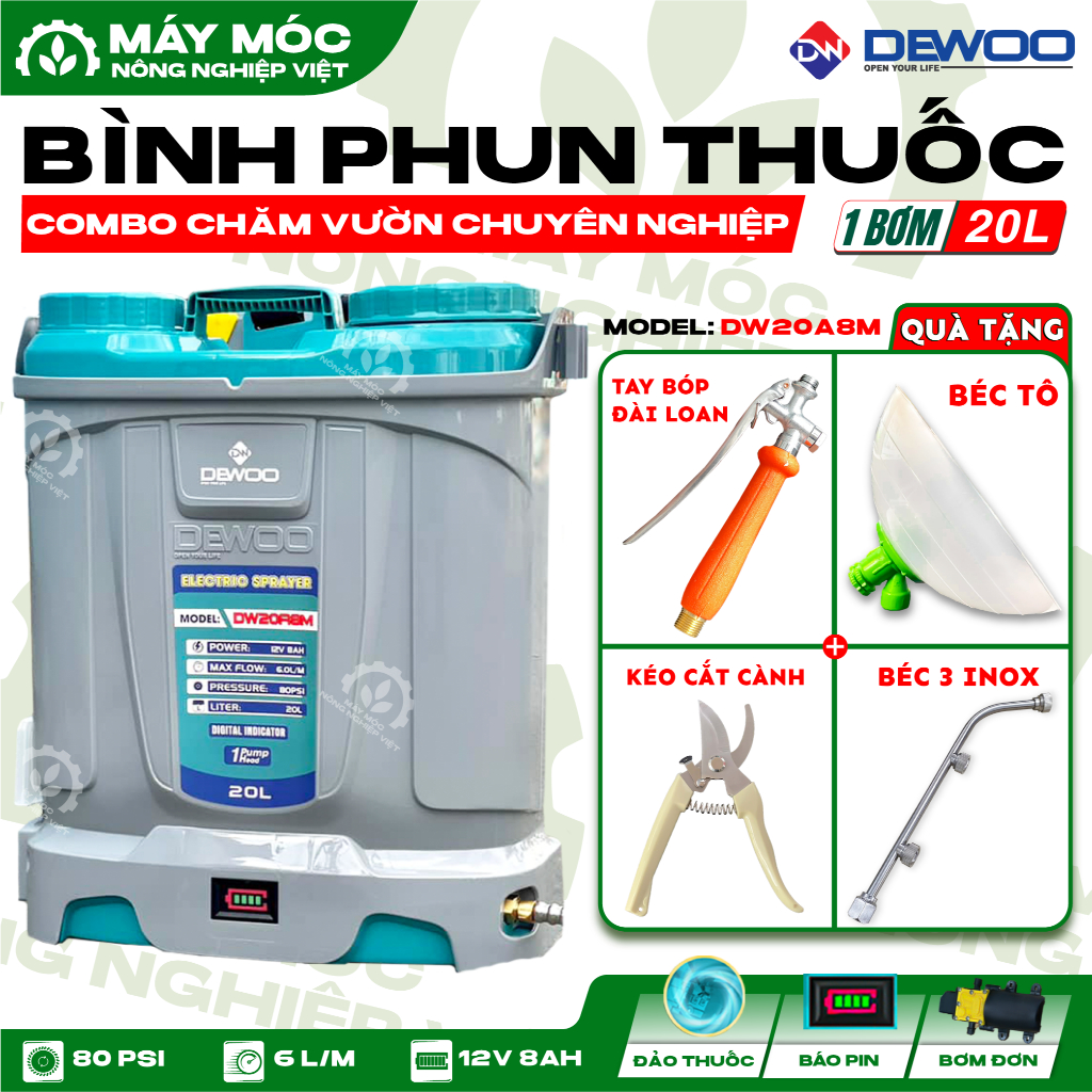 Bình Phun Thuốc Điện 20L - DEWOO - DW20A8M - 1 Bơm - Phun Khỏe - Xài Bền