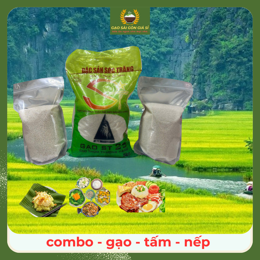 ( COMBO GẠO HẠNH PHÚC ) 5kg st25 sóc trăng , 2kg nếp cái hoa vàng , 2kg tấm st25