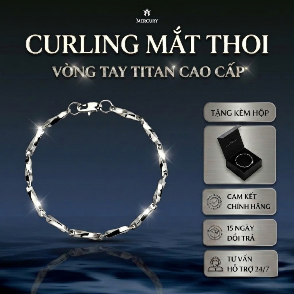 [CURLING MẮT THOI] Vòng tay titan không gỉ unisex 3 size kèm hộp cao cấp MERCURY