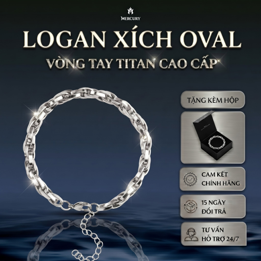 [LOGAN XÍCH OVAL] Vòng tay titan không gỉ freesize kèm hộp cao cấp MERCURY