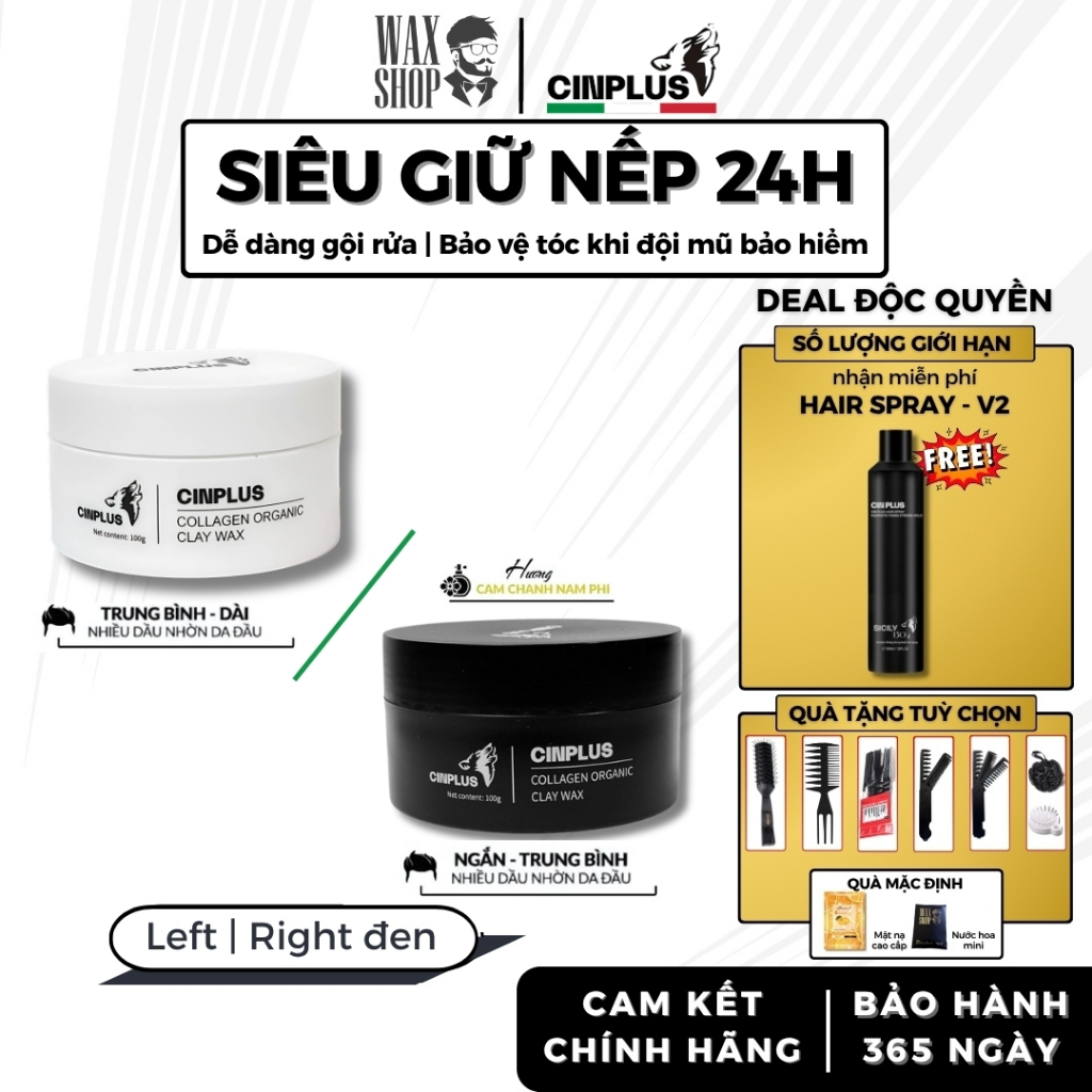 [DEAL ĐỘC QUYỀN] Sáp vuốt tóc nam CINPLUS Clay Wax 100gr Left Trắng , Right Đen giữ nếp tóc- Cinplus