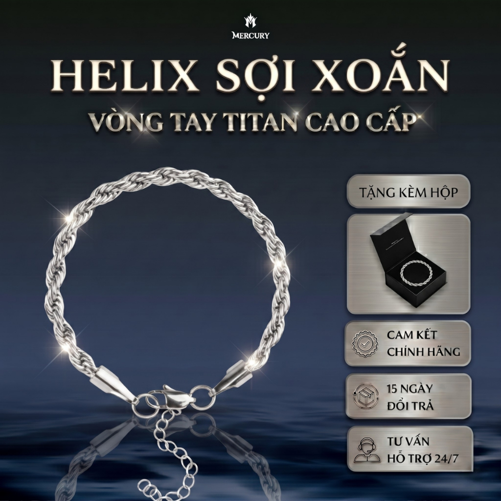 [HELIX SỢI XOẮN] Vòng tay titan không gỉ freesize kèm hộp cao cấp MERCURY