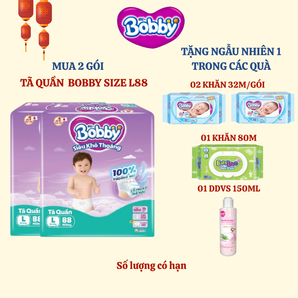 [BOBBY] COMBO 2 Tã quần Bobby Siêu Khô Thoáng size L88 cho bé từ 9-14kg