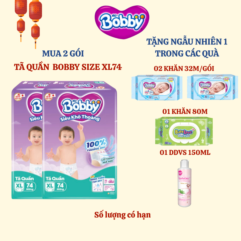 [BOBBY] COMBO 2 Tã quần Bobby Siêu Khô Thoáng size XL76 cho bé 12-17kg (nay đổi thành XL74 miếng)