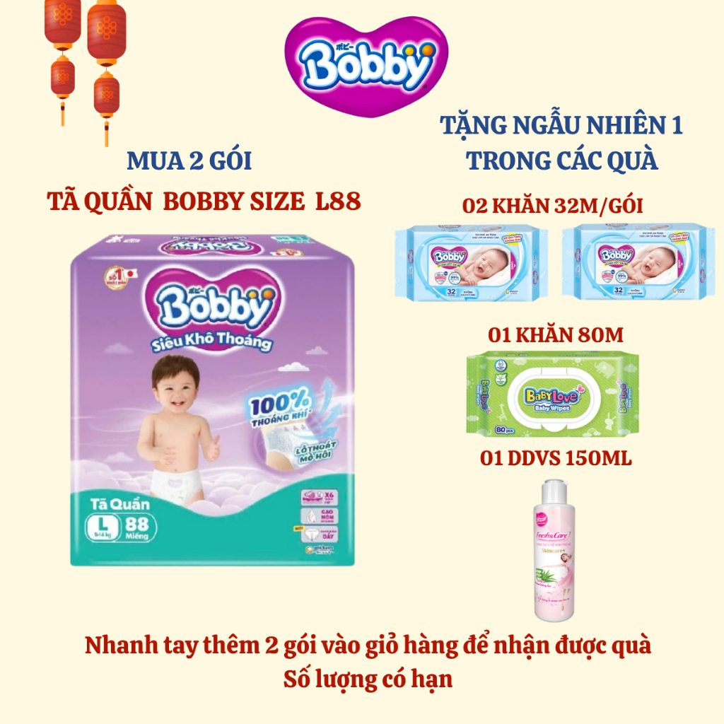 [BOBBY] Tã quần Bobby Siêu Khô Thoáng size L88 cho bé từ 9-14kg