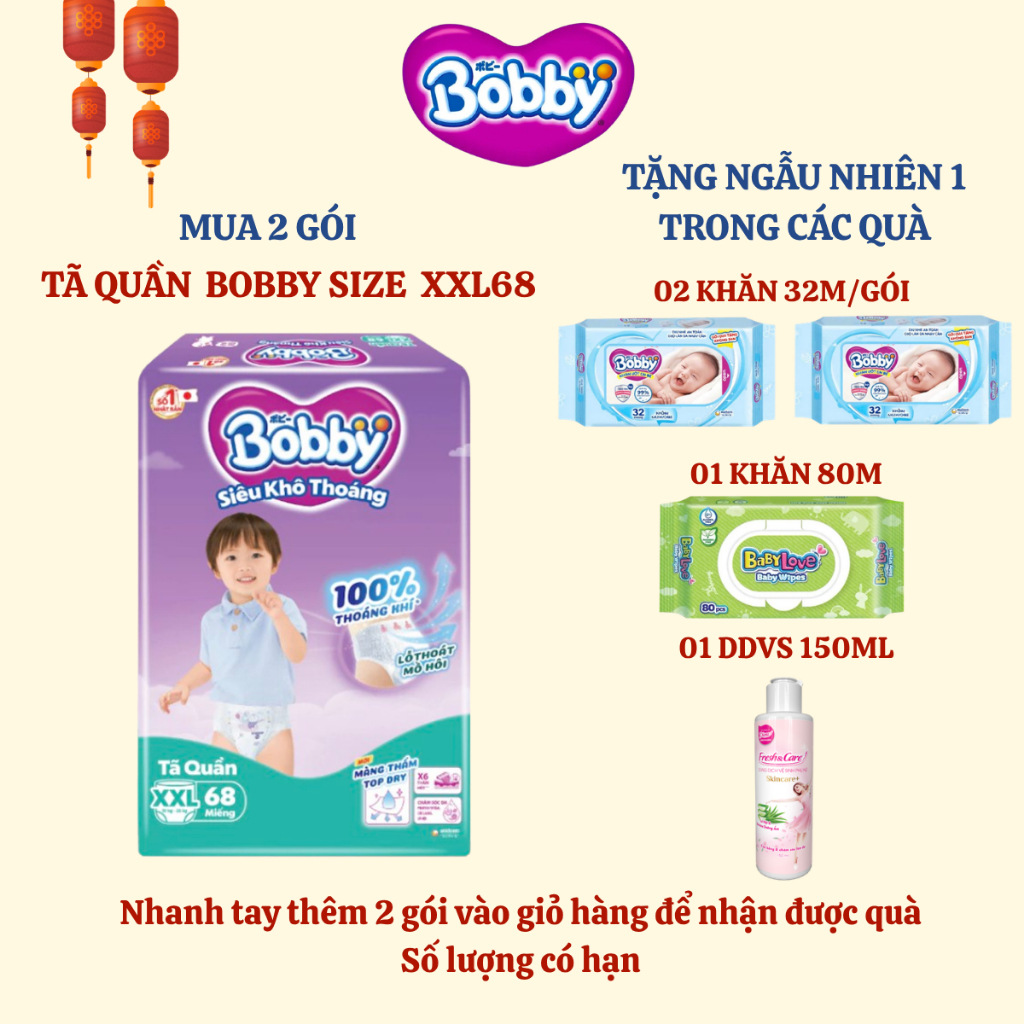 [BOBBY] Tã quần Bobby Siêu Khô Thoáng size XXL70 cho bé từ 15-25kg (nay đổi thành XXL68 miếng)