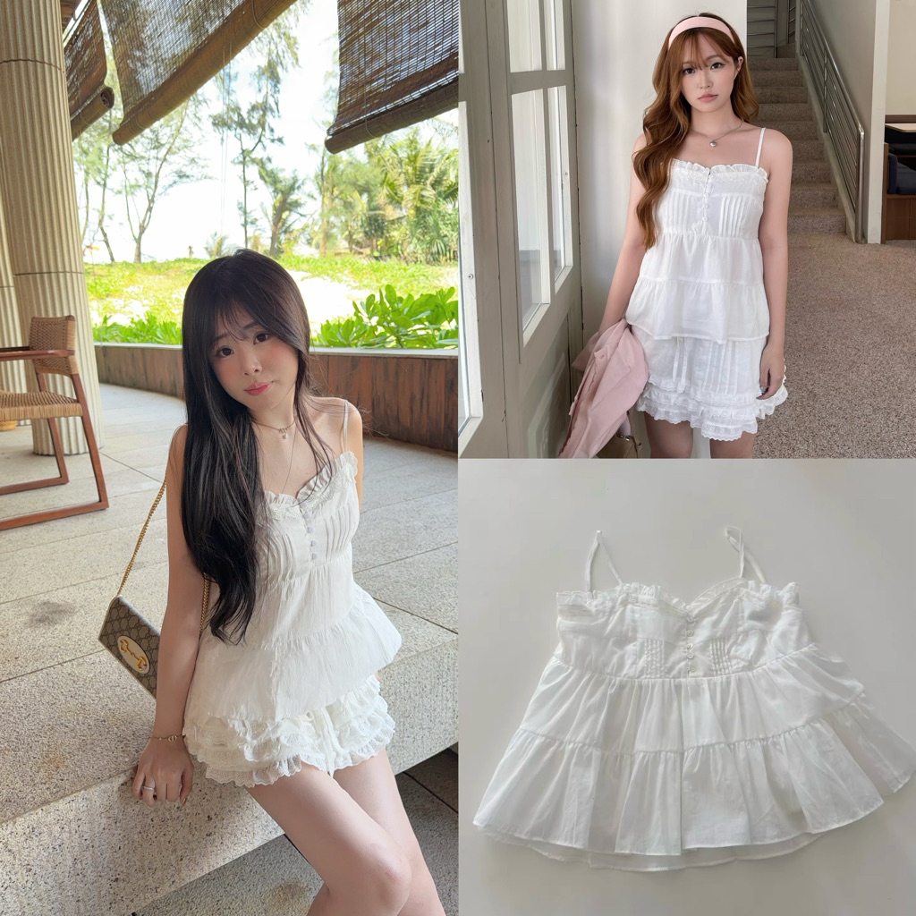 [ ẢNH THẬT ] NARI TOP - Áo 2 dây tơ đũi 3 tầng phối ren cúc gài dễ thương sweater.daoathu