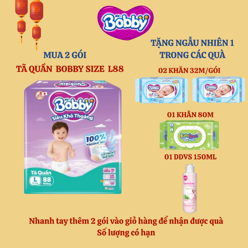 Tã quần Bobby siêu khô thoáng size L88 cho bé từ 9-14kg