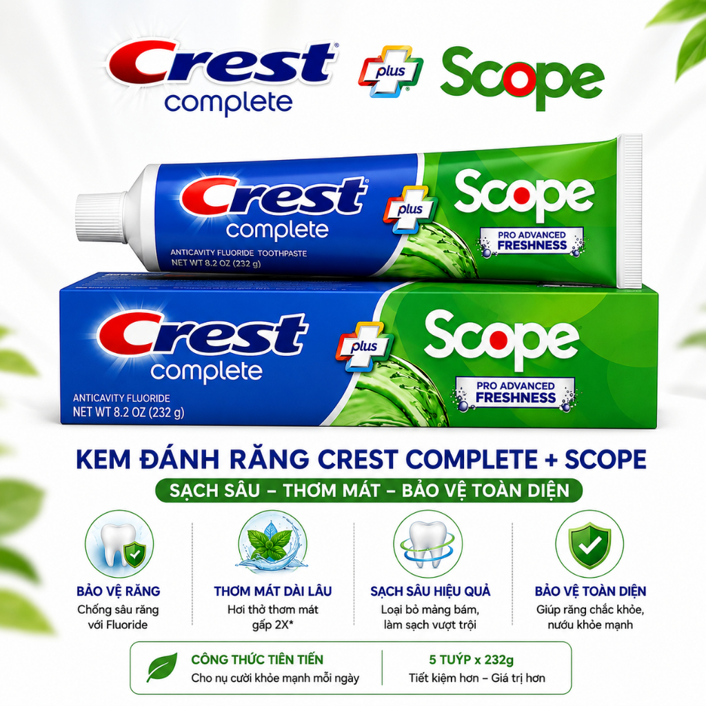 KEM ĐÁNH RĂNG CREST COMPLETE + SCOPE 232g – CỦA MỸ