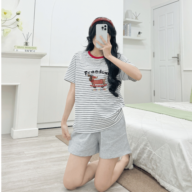 Đồ bộ mặc nhà Áo cotton Sọc, quần đùi thun mát mẻ in hình - NEONVN STUDIO đồ bộ mặc nhà mùa hè thoán
