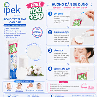 [Tặng 2 mặt nạ] Combo 10 bông tẩy trang Ipek 130 miếng cotton 100% tự nhiên Thổ Nhĩ Kỳ