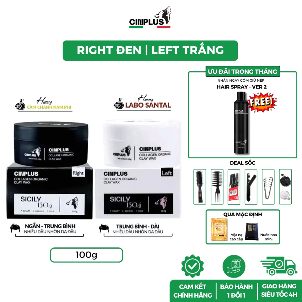 [DEAL GIỚI HẠN] Sáp vuốt tóc nam CINPLUS Clay Wax 100gr Left Trắng , Right Đen - Cinplus