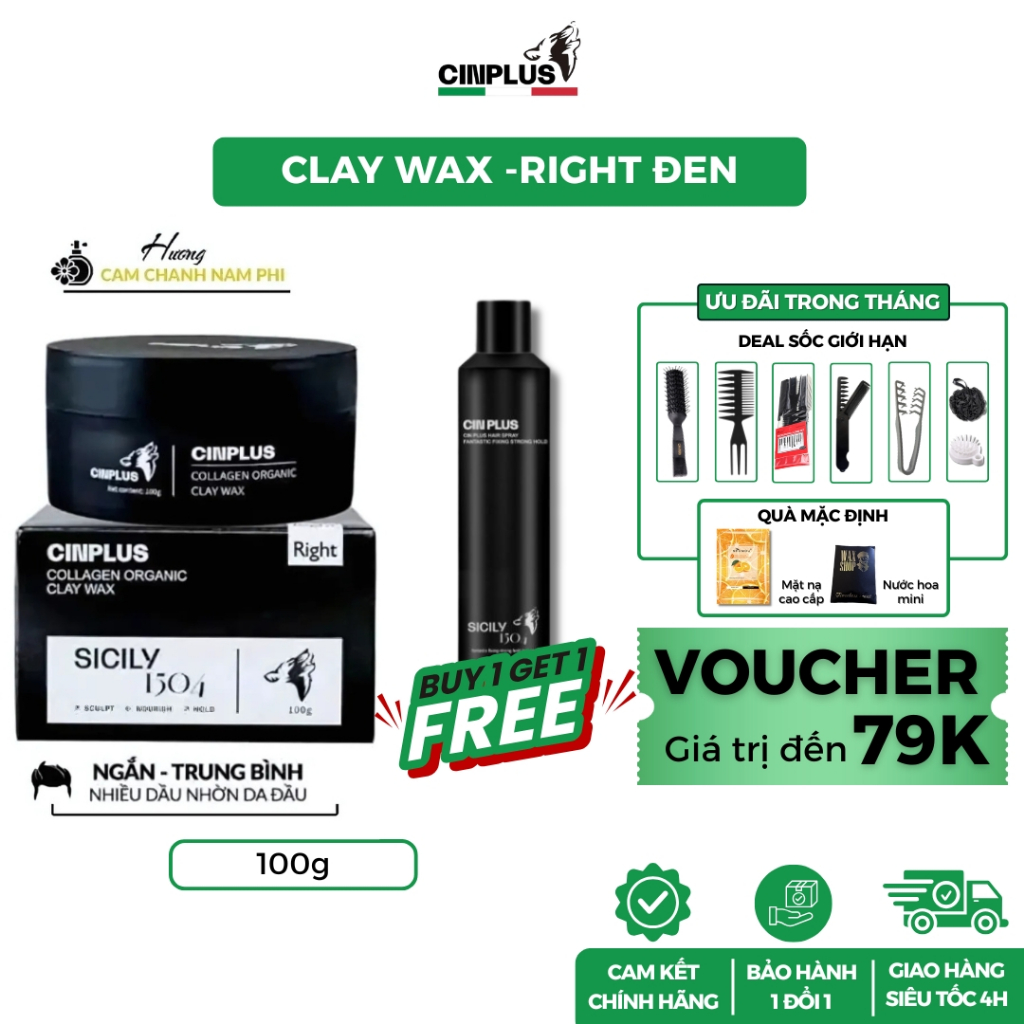 [DEAL GIỚI HẠN] Sáp vuốt tóc nam CINPLUS Right Đen100g giữ nếp tóc - Cinplus