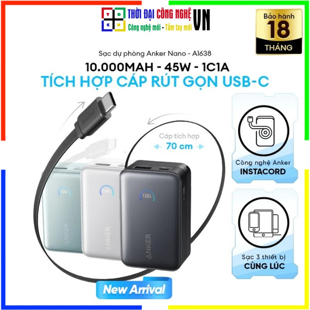Sạc Dự Phòng ANKER Nano 10.000mAh 30W - A1638 - Sẵn Cáp USB-C - Chính Hãng Viettel Phân Phối - Bảo H