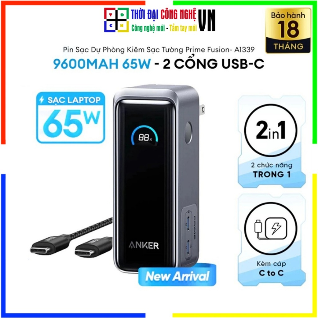 Sạc dự phòng Anker Prime Fusion 65W A1339 9600mAh tích hợp cáp C – Chính hãng Viettel, BH 18 tháng