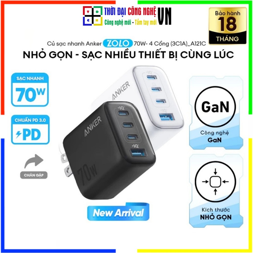 Sạc 4 Cổng Anker Zolo 70W A121C (GaN) - Sạc Nhanh Laptop/Điện thoại, Tương thích đa thiết bị, Bảo hà