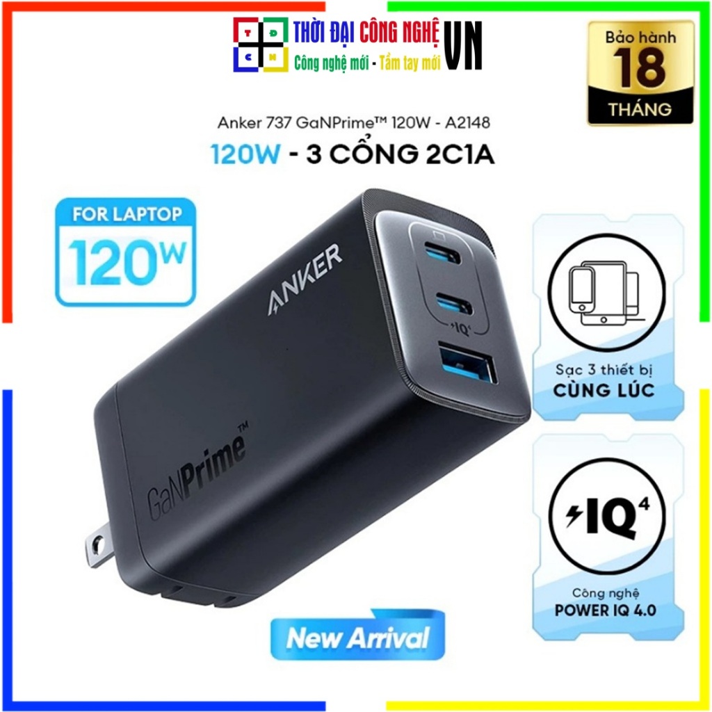 Củ sạc nhanh Anker 737 GaNPrime 120W (3 cổng 2C1A) A2148 Sạc Mac/Laptop/Điện thoại (Bảo hành 18 thán
