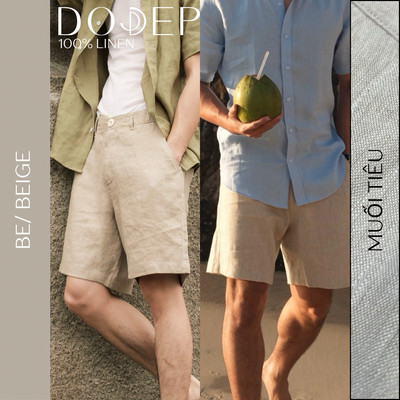 DODEP Quần shorts nam linen 100% lưng thun