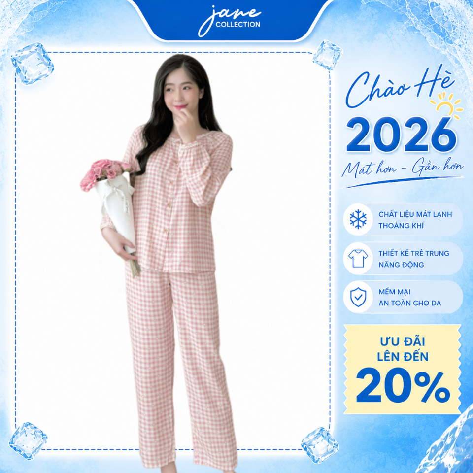 Đồ bộ mặc nhà nữ cực xinh tay dài quần dài phối ren kẻ caro đũi cao cấp mềm mịn, mát khi mặc DH10