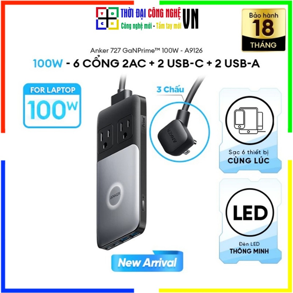 Trạm sạc 6 cổng Anker 727 GaNPrime 100W A9126 - 2C 2A 2AC | Sạc nhanh Laptop, Điện thoại| Chính hãng