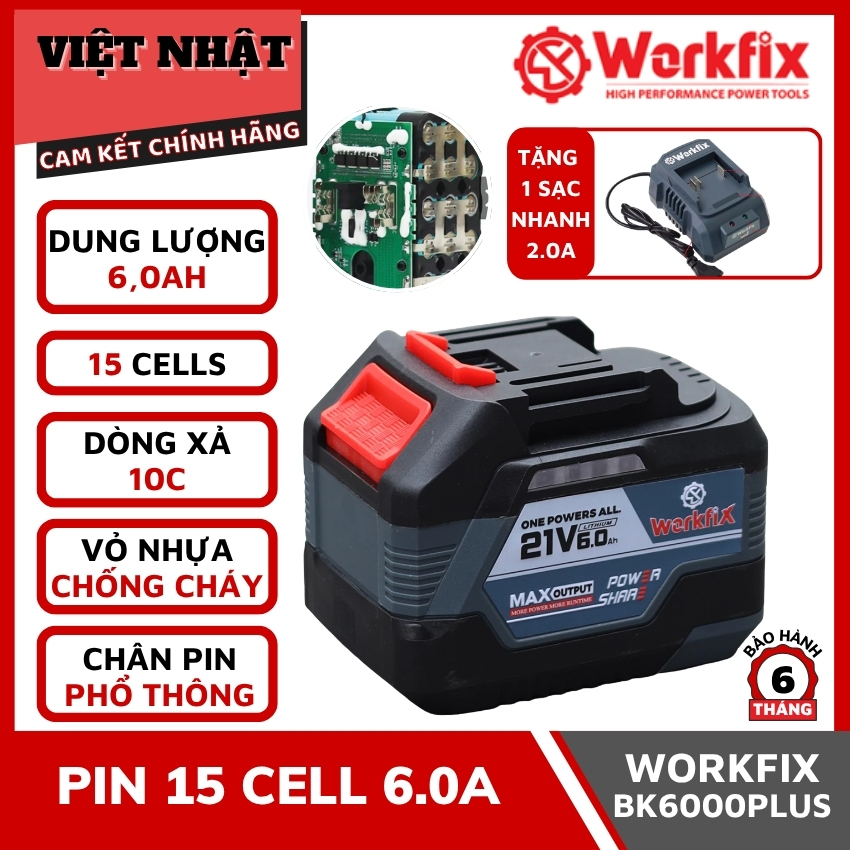 Pin Workfix BK6000PLUS bảo hành 6 tháng, dòng xả 10C, dung lượng 6.0ah