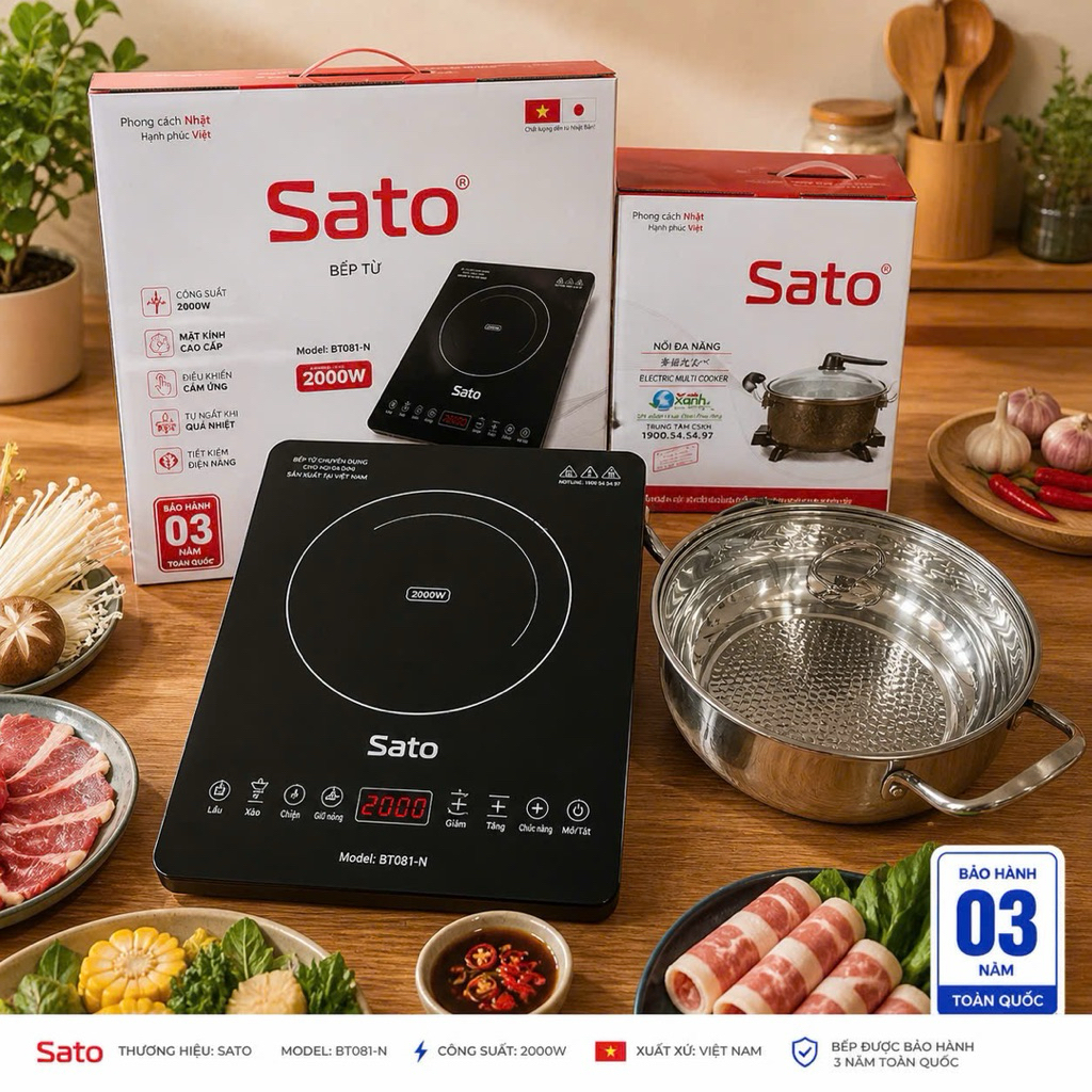 Bếp từ đơn SATO-BT081.N-2000w mua bếp tặng nồi inox ăn lẩu