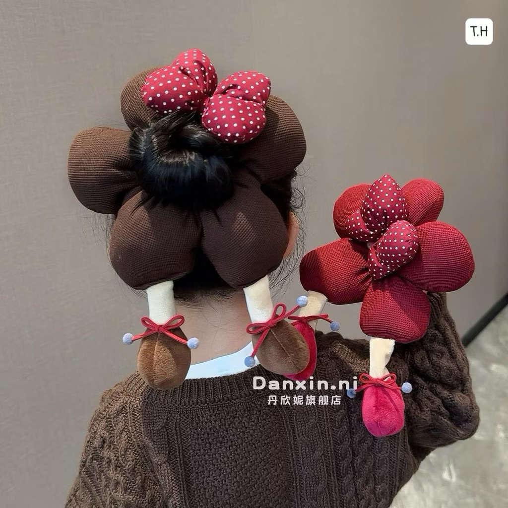 scrunchies chun hoa phồng đính nơ, scrunchies nâu đỏ đính n