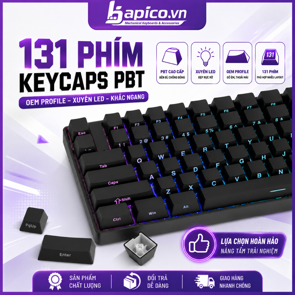 Bộ Keycaps 131 phím PBT xuyên LED - Chữ khắc ngang - Profile OEM | Keycaps cho bàn phím cơ