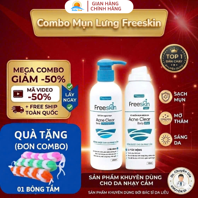 Combo Xịt Mụn Lưng Freeskin, Gel Tắm Sữa Tắm Mụn Lưng Freeskin XỊt Mờ Thâm và Bọt Rửa Mặt Freeskin- 