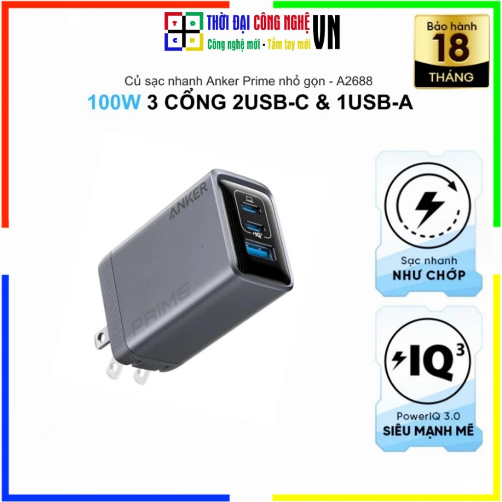 Củ sạc nhanh Anker Prime 100W A2688 3 cổng Type-C & USB-A – Chính hãng Viettel, Bảo hành 18 tháng