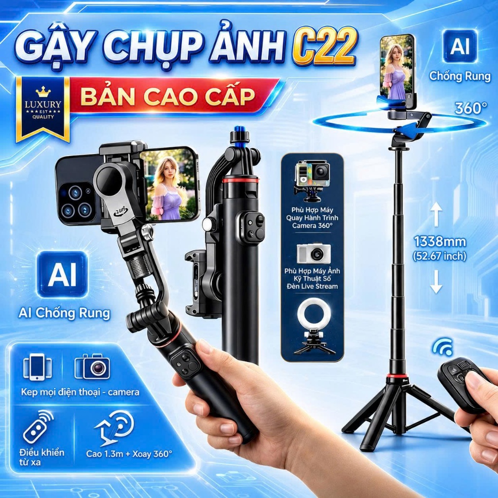Gimbal chống rung điện thoại C22, Gimbal theo dõi chuyển động, Điều khiển từ xa, Gymbal Ai xoay 360