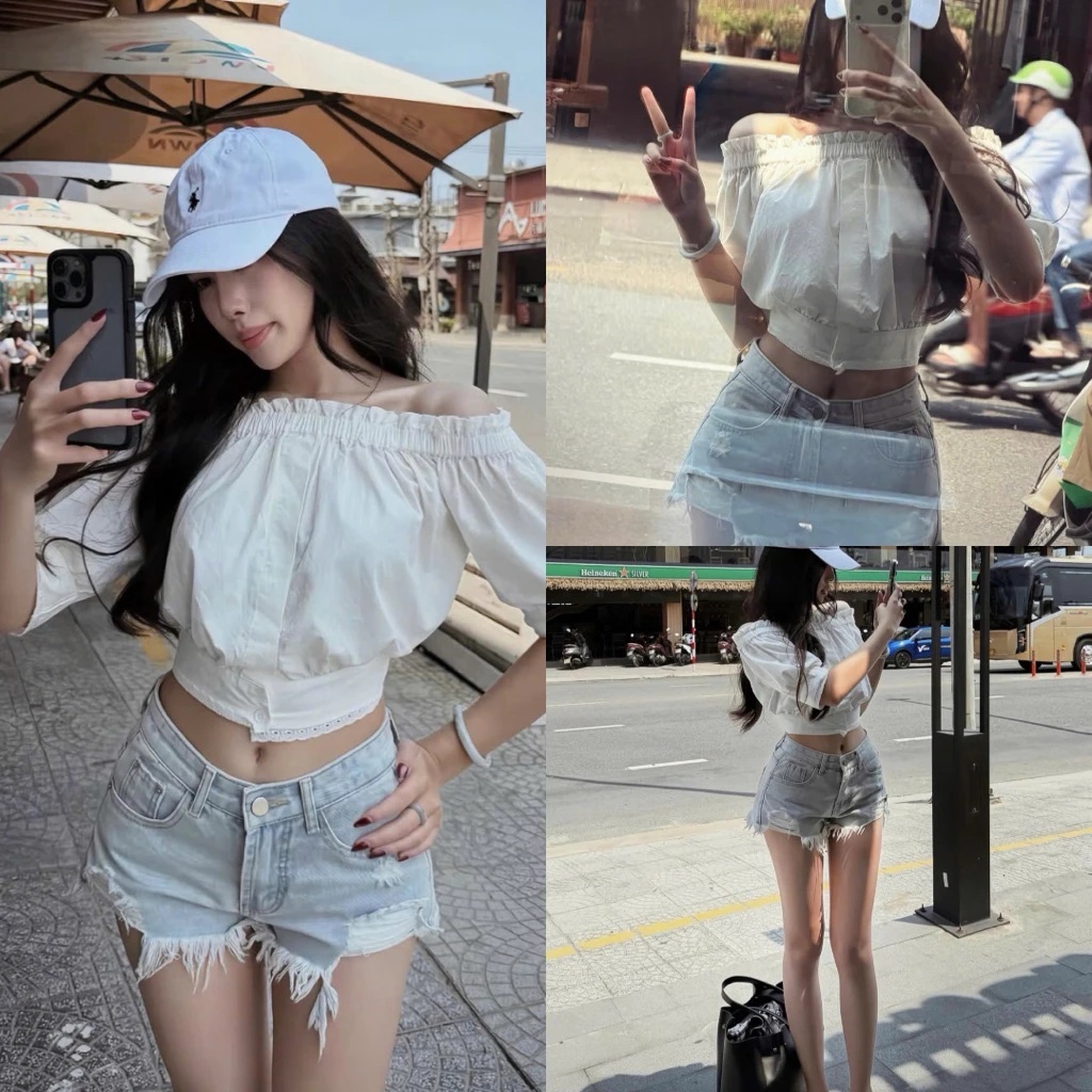 Quần Short Jean Nữ Rách Gấu Cạp Cao – Form Ôm Tôn Dáng, Denim Wash Sáng Cá Tính Phong Cách Hàn Quốc HH21