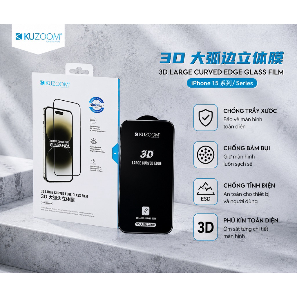 Cường Lực KuZoom IP 17 Pro Max Trong Suốt/Chống Trộm Chính Hãng :16 15 14 13 12 11 XS Max XR