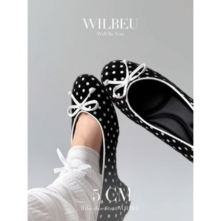Giày búp bê chấm bi 5cm WILBEU Dainty đính nơ họa tiết chấm bi đen nhung nỉ Balletcore tiểu thư đi học đi làm đi chơi