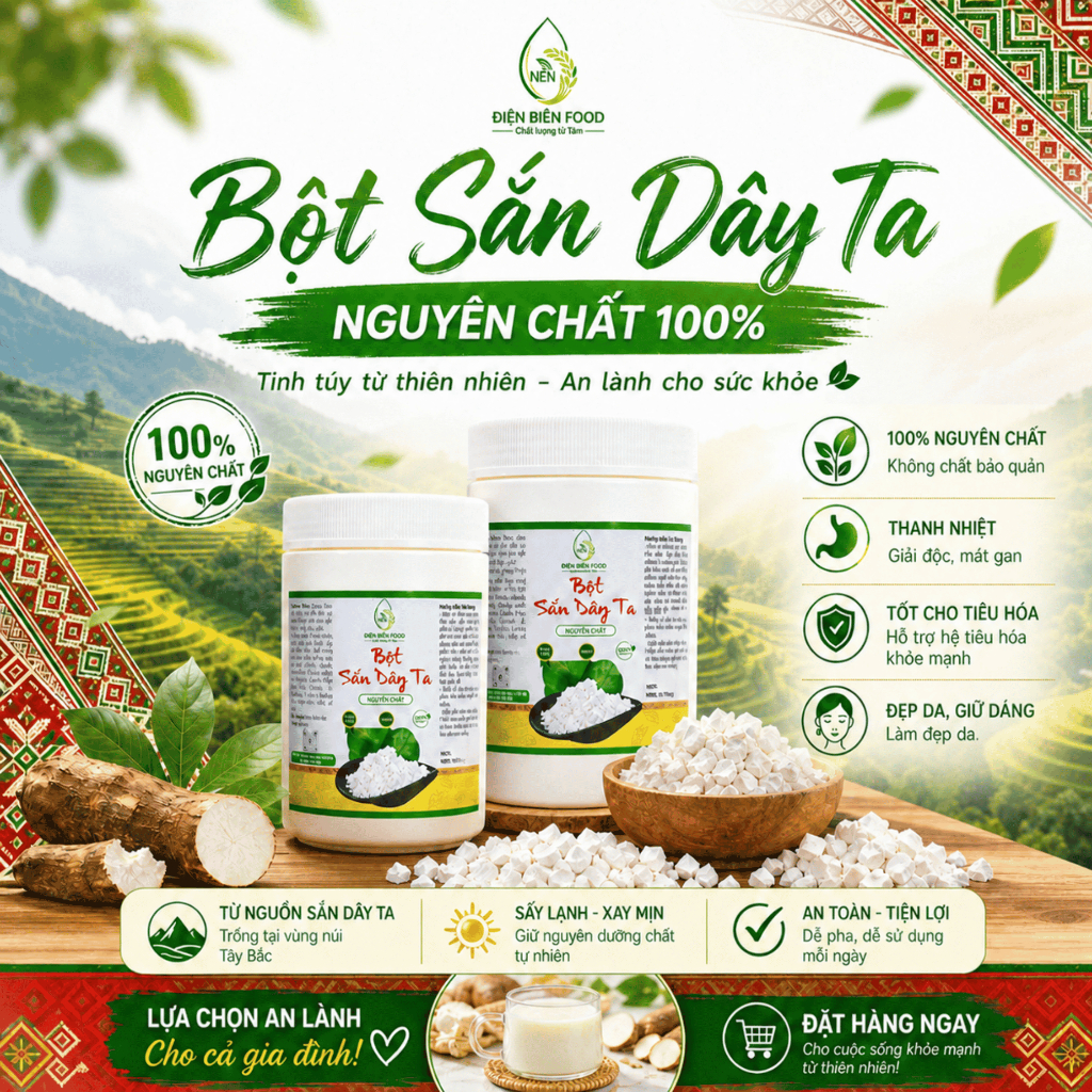 Bột Sắn Dây Nguyên Chất Điện Biên hộp 500g làm thủ công từ Sắn Dây Ta không pha trộn, công dụng rất tốt cho sức khoẻ