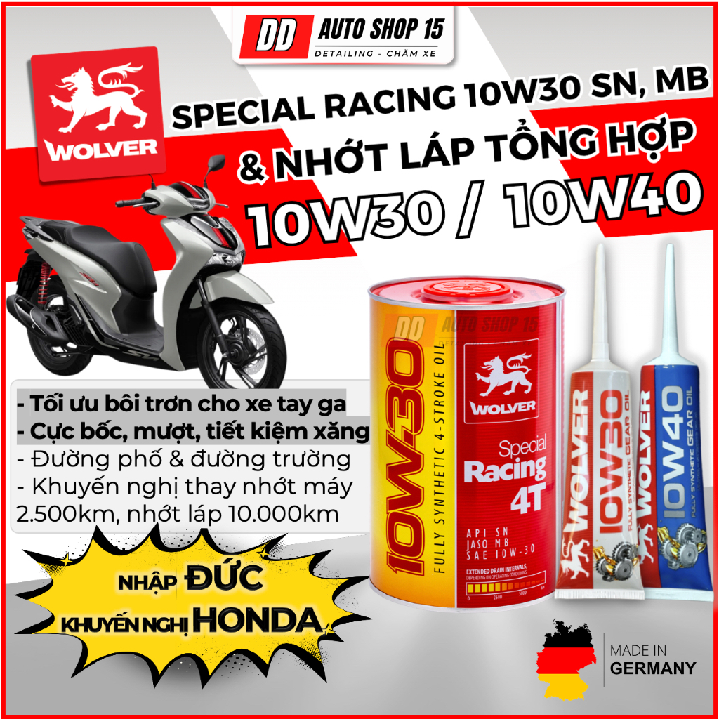 COMBO nhớt xe tay ga Wolver Special Racing 10W30 SN 0.8L (Synthetic), Nhớt láp Wolver 10W30 / 10W40 