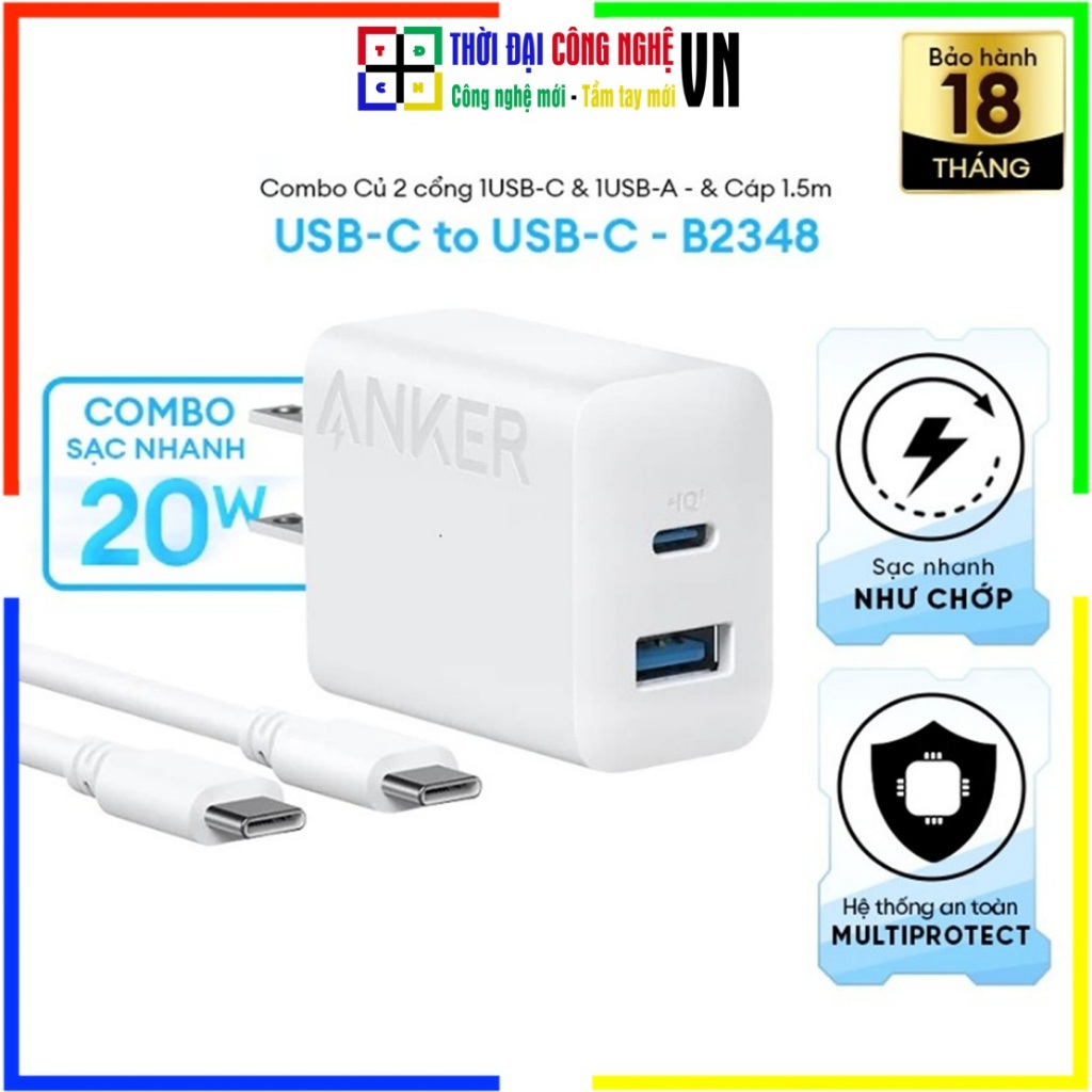 Bộ Sạc Nhanh Anker 20W B2348 (2 Cổng 1C1A) Kèm Cáp C to C 1.5m - Hàng Chính Hãng Viettel Phân Phối, 