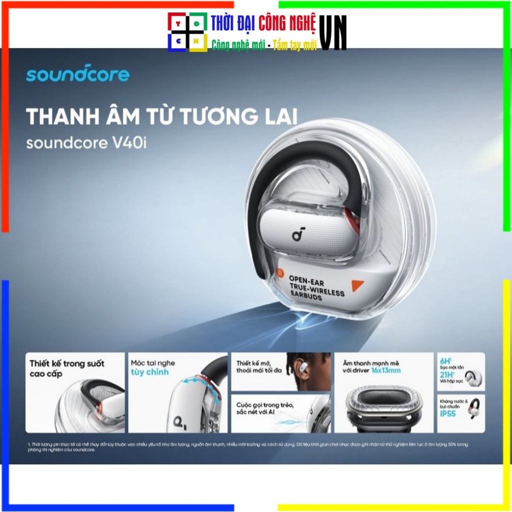 Tai nghe Bluetooth Open-Ear Anker Soundcore V40i A3878, Chống nước IP55, Hộp trong suốt. BH 18 tháng