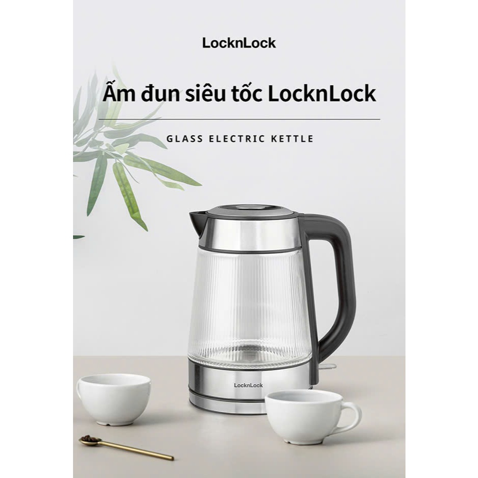 Ấm đun siêu tốc bằng thủy tinh LocknLock Glass Electric Kettle 1.8L có đèn led và lưới lọc EJK256BLK