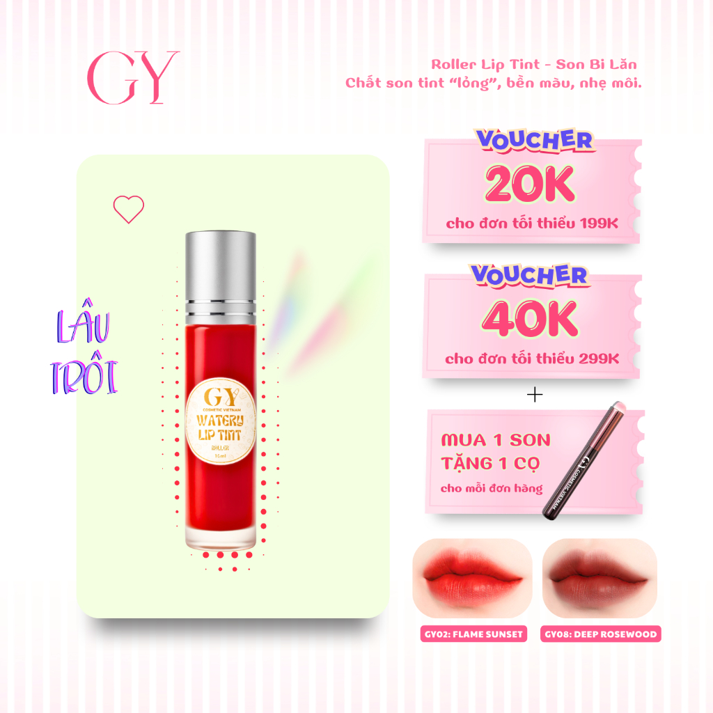 Son Tint Lì Bi Lăn Watery Roller Tint GY Cosmetic, Nhẹ Môi, Lâu Trôi, 9 Màu, 10ml, Chính Hãng