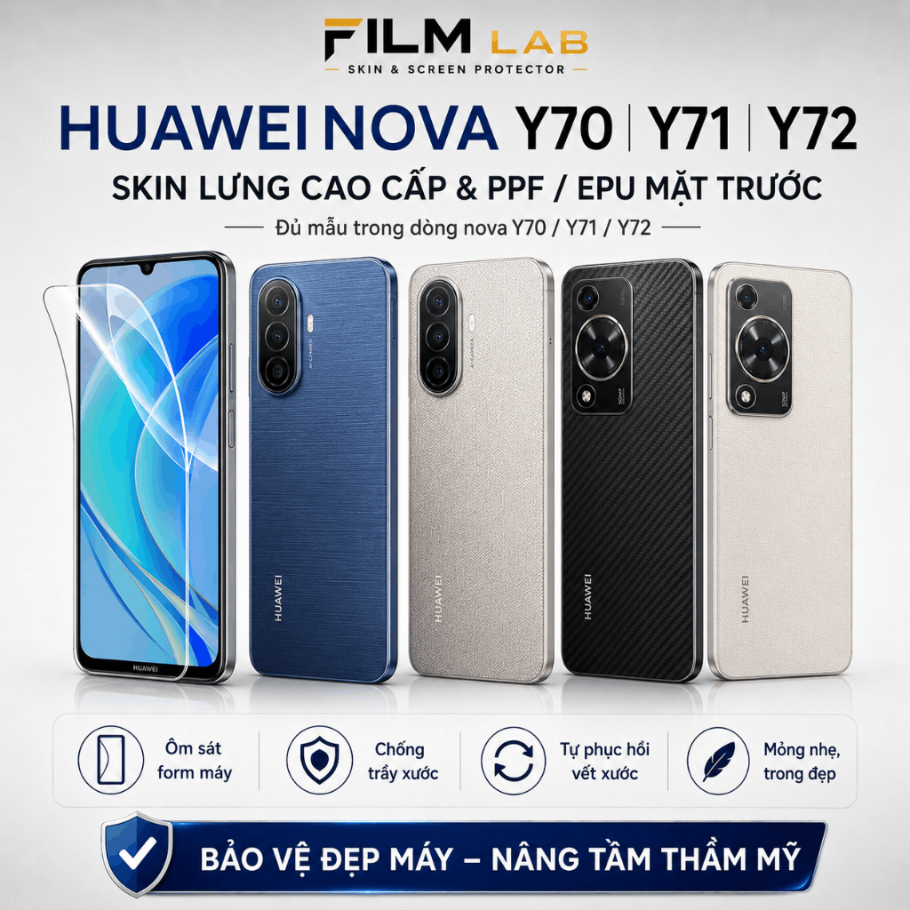 Miếng Dán PPF/EPU Huawei Nova Y70 / Y71 / Y72 / Nova Y90 / Y91 Full Màn&Lưng- Chống Trầy Tự Phục Hồi