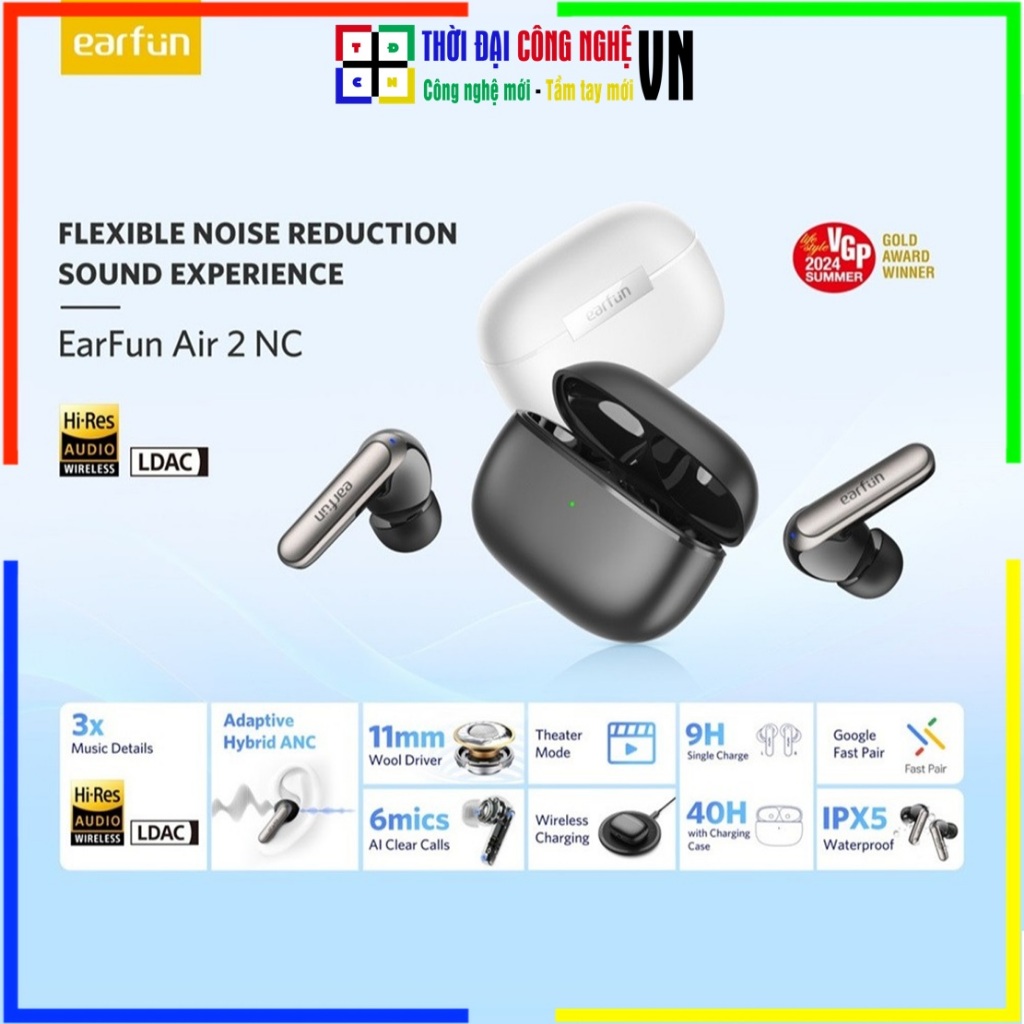 Tai nghe Bluetooth Earfun Air 2 NC, Chống ồn Hybrid ANC, Nhạc 40H, Bluetooth 5.3. BH 12 tháng chính 