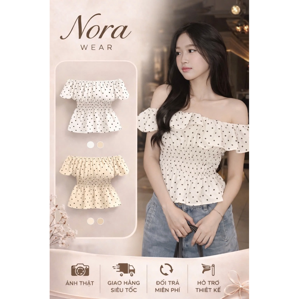 Áo trễ vai chấm bi Nora Wear – Nàng mặc là xinh, nhìn là mê